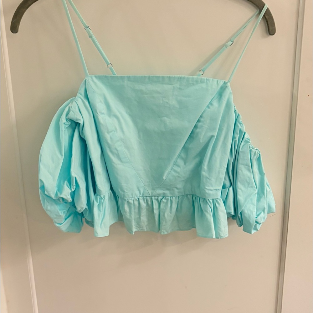 Zara  Baby Blue Puff Sleeve Crop Blouse Size X Small Not NWT